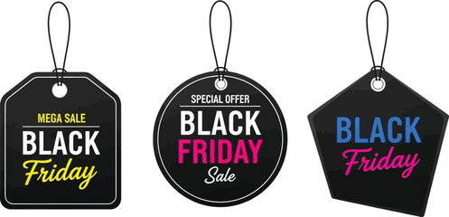 Modern set of three black promotional tags, prominently displaying 'Black Friday' messaging and discount offers for impactful seasonal retail events