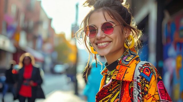 Stylish young woman with sunglasses and yellow earrings poses on a city street.