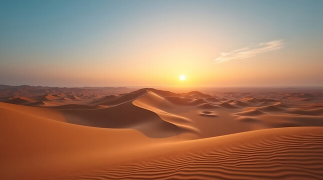 Golden sunset over desert landscape endless sand dunes nature scenery tranquil travel destination under warm sunlight for outdoor adventure and exploration - Powered by Adobe