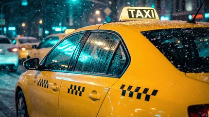 Cinematic yellow taxis lined up on snowy city streets at night with turquoise neon lights and urban illumination