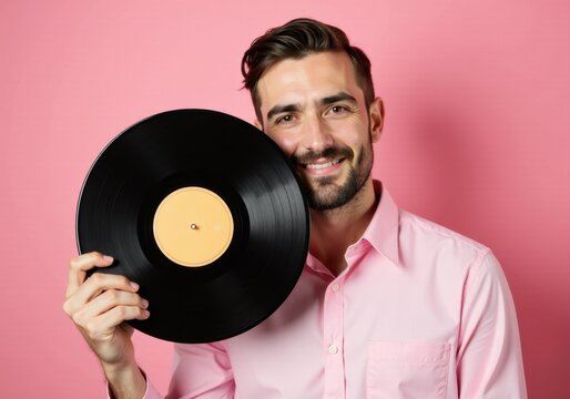 Happy man holding vinyl record listening to retro music