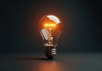 Light bulb filaments spelling shutdown in dark room