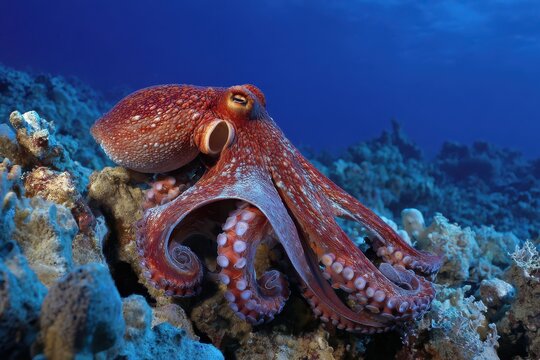 Vibrant Underwater Scene: Octopus Among Coral Reefs in Honolua Bay, Maui, Showcasing Tropical Sea Life