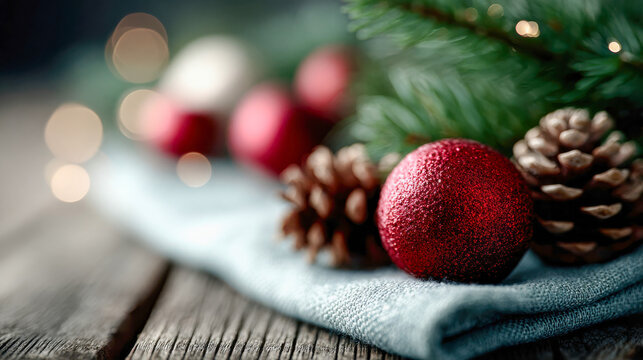 Close-up of Christmas ornaments and pine cones on a rustic wooden surface with evergreen branches