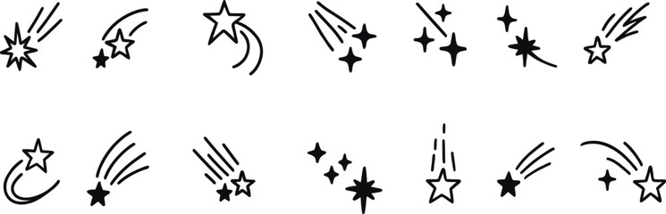 Cute line doodle space icons set. Hand drawn linear simple cosmic design elements. Rocket, sun, moon, planet, falling stars contour black and white illustrations