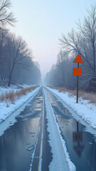 Dramatic icy road with warning sign bent on frosty country roadside under cold winter light