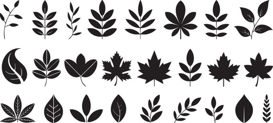 Collection of various black leaf silhouettes isolated on white background