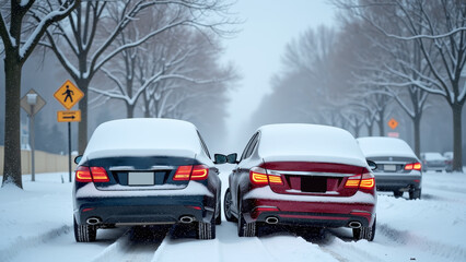 Vivid rear end collision scene on snowy suburban street with snow covered vehicles and icy road surface