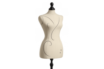 Female dress form mannequin standing on a black stand, displaying elegant sewing fashion design and tailoring work, transparent background