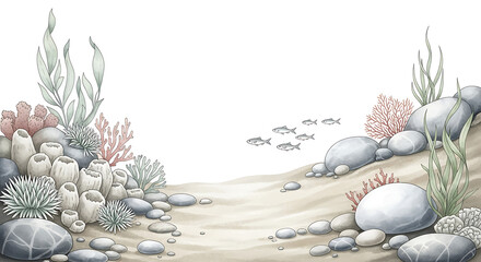 Vibrant Underwater Seascape Illustration with Diverse Marine Life, Coral, and Rocks, Offering a Serene Background for Text or Design Elements