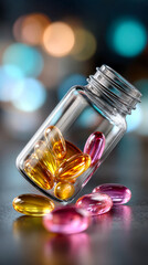 Colorful gel capsules spilling from a transparent bottle against a blurred glowing background, symbolizing vitamins, supplements, and healthcare