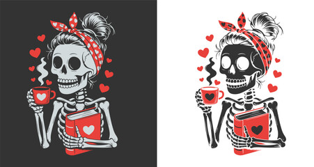 Skeleton Woman with Coffee Book and Hearts