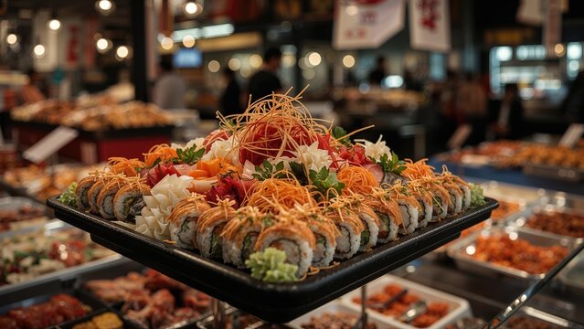 Sushi platter with assorted rolls and garnishes displayed on a black tray at a busy market or restaurant.