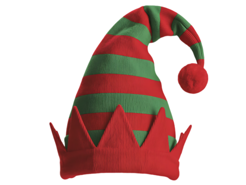A striped red and green elf hat with a pointed tip and a pom-pom sits against a white background.