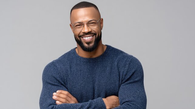 A young man with light hair stands indoors, wearing glasses and a light blue sweater, smiling warmly and looking confident