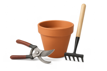 Gardening tools with terracotta pot for planting hobby