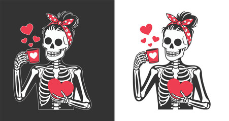Skeleton Woman with Coffee and Heart Graphics