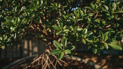 Obraz premium A close-up of a plant with green leaves and visible roots, taken outdoors in natural sunlight.