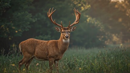 Obraz premium A majestic elk with large antlers standing in a lush green forest during sunrise or sunset.