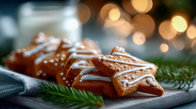 Freshly baked gingerbread cookies shaped like stars and trees, decorated with white icing and sprinkled sugar for a festive Christmas look
