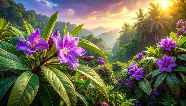 A vibrant sunrise casts golden light over lush purple flowers, tropical foliage, and distant, misty mountain peaks