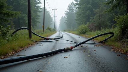 Realistic dangerous downed electrical cable on asphalt road with broken pole and dramatic natural lighting