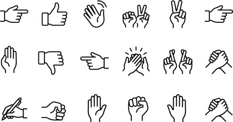 Hand Gestures and Signals Outline Icons Communication, Body Language, Thumbs Up, Clapping, Victory, and Interaction Symbols for Feedback and Agreement