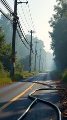 Realistic dangerous downed electrical cable on asphalt road with broken pole and dramatic natural lighting