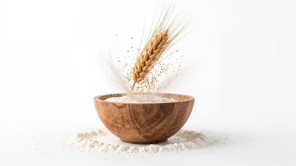 Wheat grain falling into a wooden bowl with flour and dust on a white background.