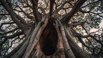 A large ancient tree with a hollow trunk and sprawling branches, viewed from below, showcasing the trunk's impressive size and natural texture.
