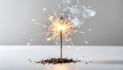 Sparkler ignites with bright sparks and smoke against a simple gray background during a celebration