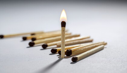 Wooden matches arranged with one matchstick lit against a light background in a simple setup
