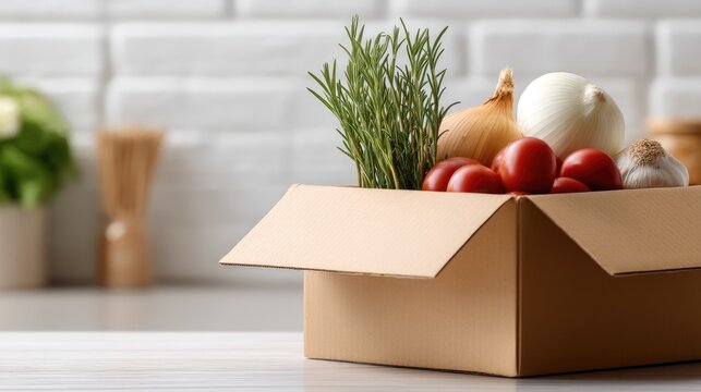 A box filled with green vegetables and tomatoes sits on a kitchen counter, ready for cooking fresh and healthy dishes