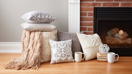 Naklejka premium Warm blankets and stacks of books sit beside soft candlelight and steaming mugs in front of a flickering fireplace