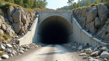 Dramatic photorealistic half collapsed tunnel entrance with fallen concrete slabs and rocks in harsh daylight