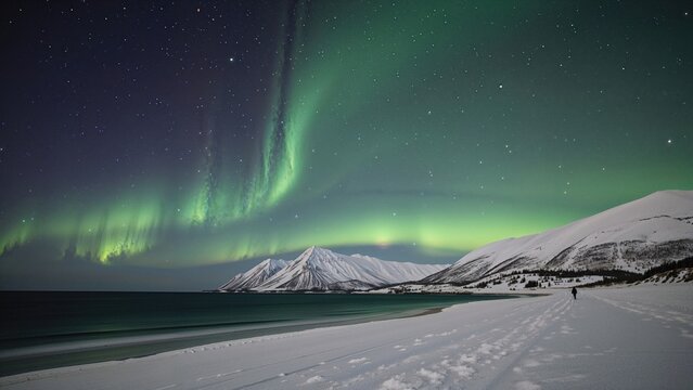 Northern Lights over snowy landscape with mountain and starry sky. Nature and night sky, Arctic scenery. Aurora borealis display in cold, remote environment. - Powered by Adobe