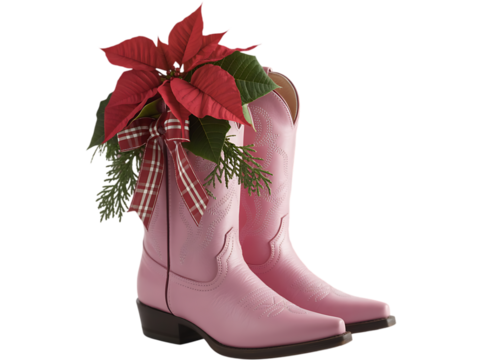 Pink cowboy boots filled with poinsettias and evergreen branches with a plaid bow.