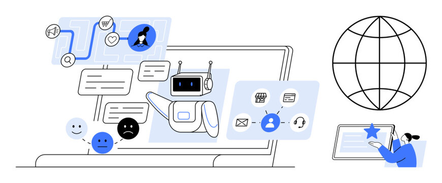 Robot chatbot handles queries, task automation, and customer feedback with flowcharts, icons, and global interface. Ideal for technology, automation, customer service, innovation global business