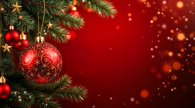 Weihnachtshintergrund mit festlichem Tannenbaumzweig, roten Christbaumkugeln und goldenen Sternen vor glitzerndem Bokeh-Rot