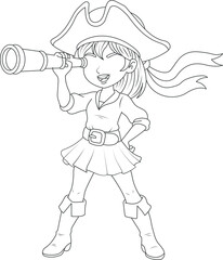 Cute young pirate girl standing confidently on a ship deck