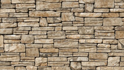 Fototapeta premium A stone wall with rectangular stones arranged in a layered pattern.