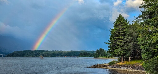 Rainbow arches over Columbia River Gorge