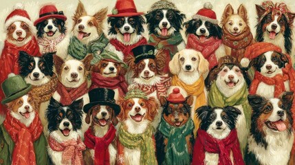 Festive Dogs A Christmas Gathering of Canine Friends in Hats and Scarves, Holiday Cheer and Pet Celebration
