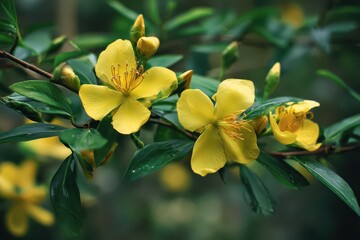Obraz premium Vibrant Galphimia Blooms: A Beautiful Botanical Display of Yellow Flowers and Lush Green Foliage in a Serene Park