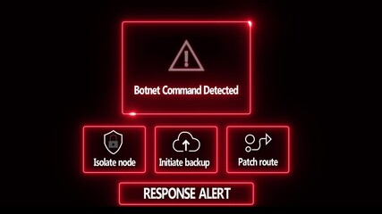 Botnet Command Detected response notification on digital interface in data center server room with isolate node initiate backup patch route options. glowing neon lights cybersecurity hacking warning