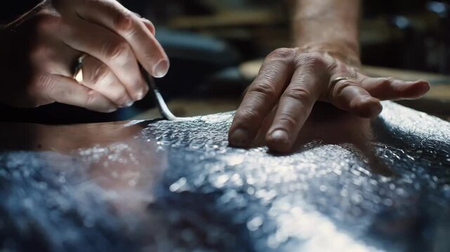 Slowmotion medium shot of foil being textured with specialized tools emphasizing the practical and decorative aspects of foil embossing.