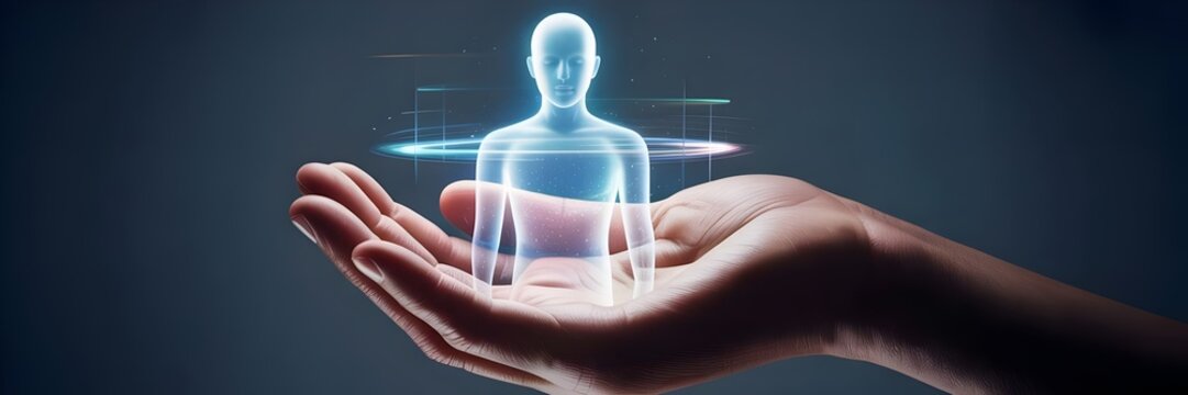 Outstretched hand and glowing holographic human silhouette – Suitable for hope, connectivity, or futuristic user interface concepts. - Powered by Adobe