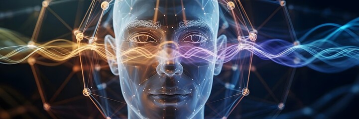 Human face emerging from glowing emotional data network – Ideal for AI, technology, or psychology content.