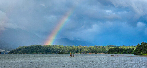 Rainbow arches over Columbia River Gorge