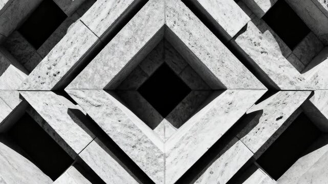 Medium shot of intricate geometric stone patterns forming symmetrical visual motifs with sharp angles and clean lines highlighting craftsmanship and precision.